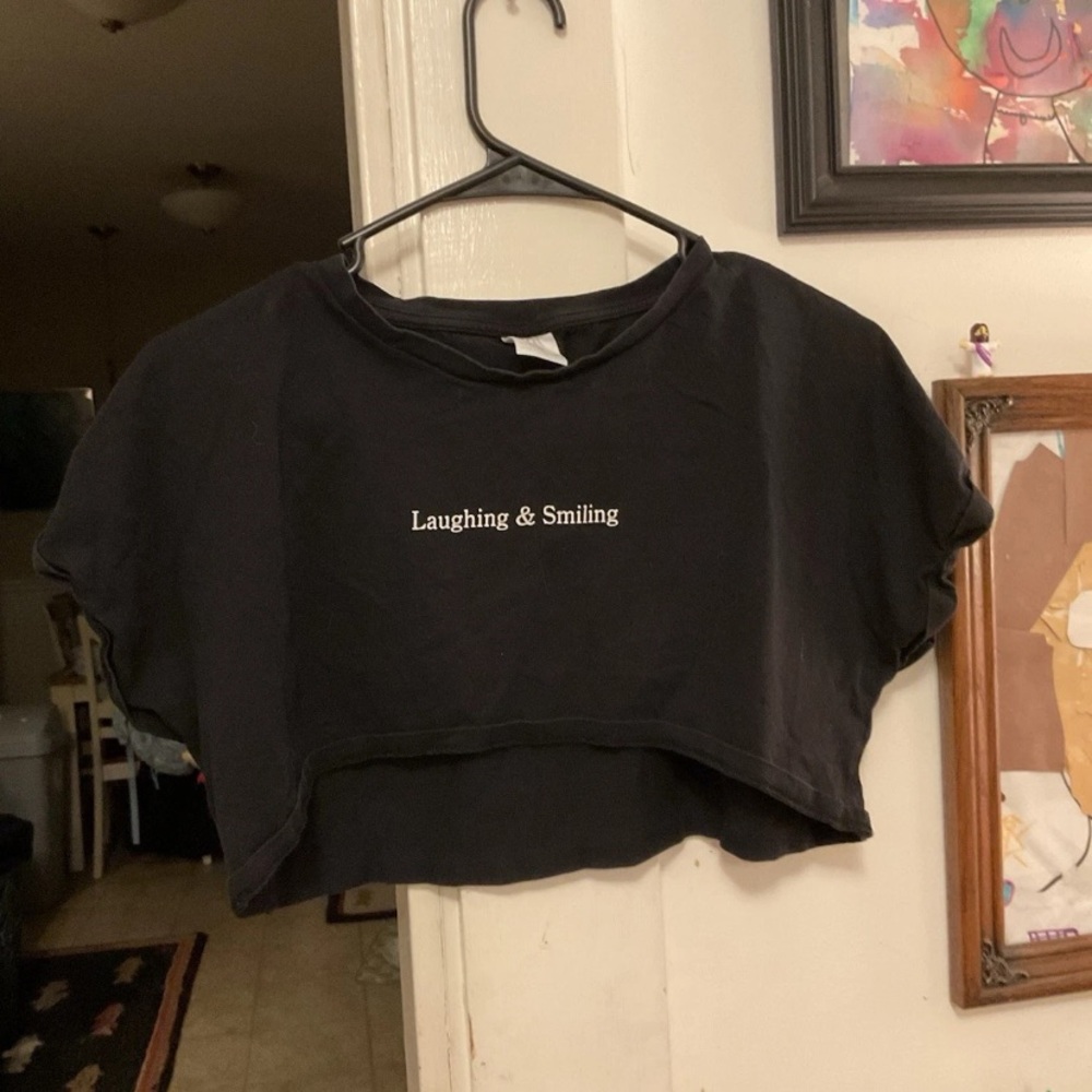 Zara Black Cropped Tee "Laughing & Smiling"